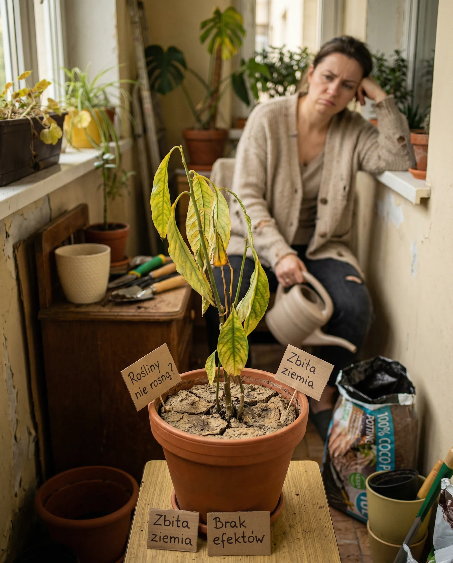 Sfrustrowana osoba z chorą rośliną w zbytej ziemi